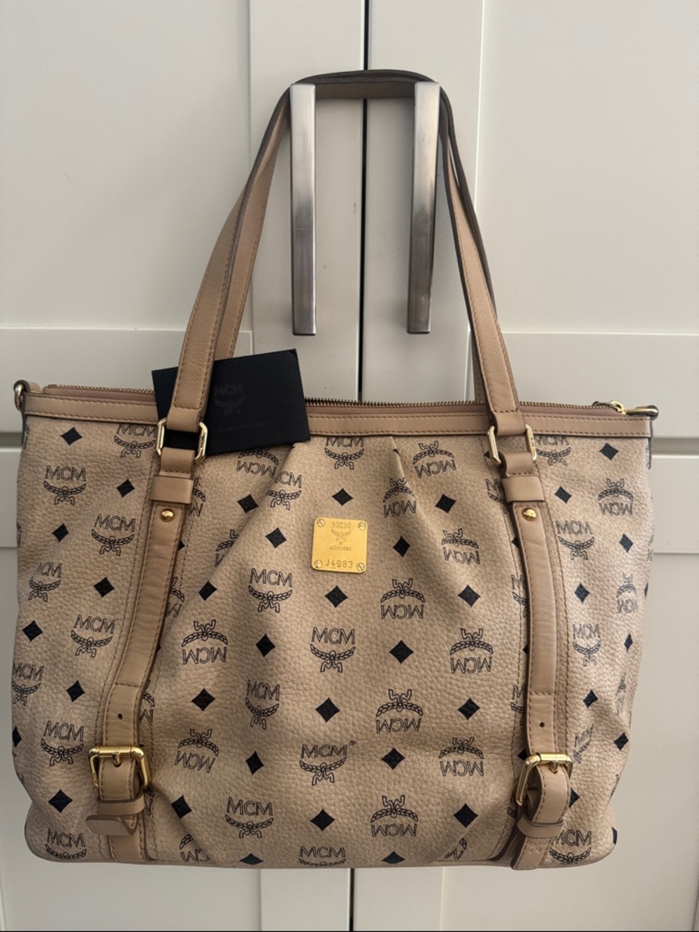 MCM Beige Visetos Logo Tote with Gold Accents